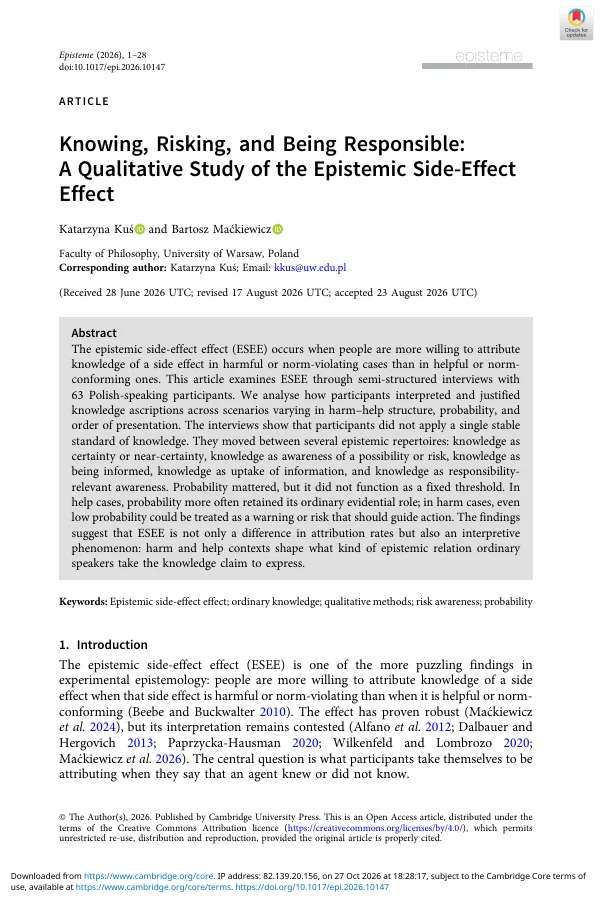 Pierwsza strona artykułu Knowing, Risking, and Being Responsible: A Qualitative Study of the Epistemic Side-Effect Effect autorstwa Katarzyny Kuś i Bartosza Maćkiewicza