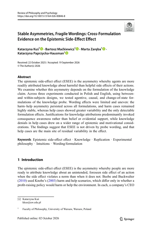 First page of Stable Asymmetries, Fragile Wordings: Cross-Formulation Evidence on the Epistemic Side-Effect Effect by Katarzyna Kuś, Bartosz Maćkiewicz, Marta Zaręba and Katarzyna Paprzycka-Hausman