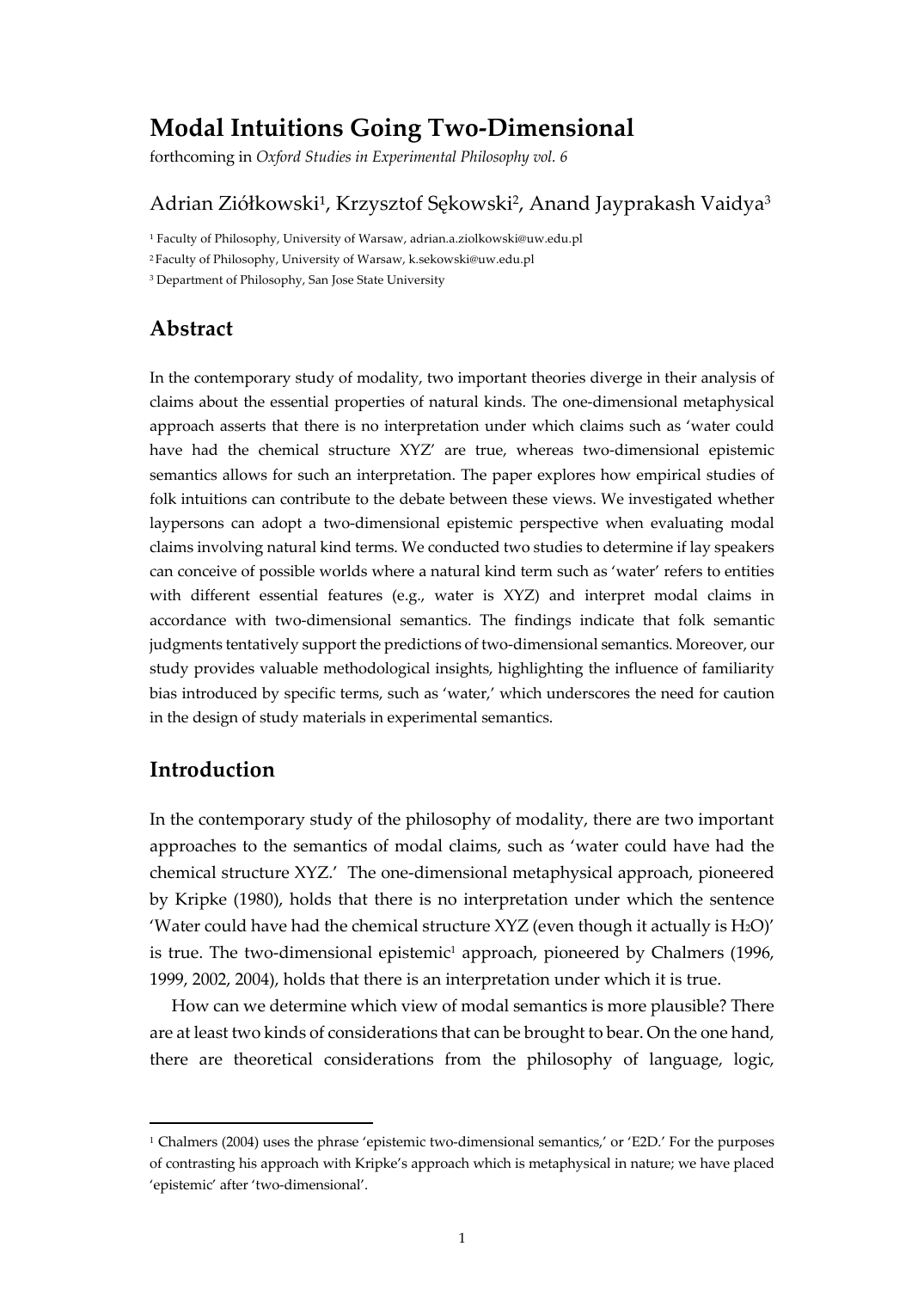 Pierwsza strona tekstu Modal Intuitions Going Two-Dimensional autorstwa Adriana Ziółkowskiego, Krzysztofa Sękowskiego i Ananda Jayprakasha Vaidyi